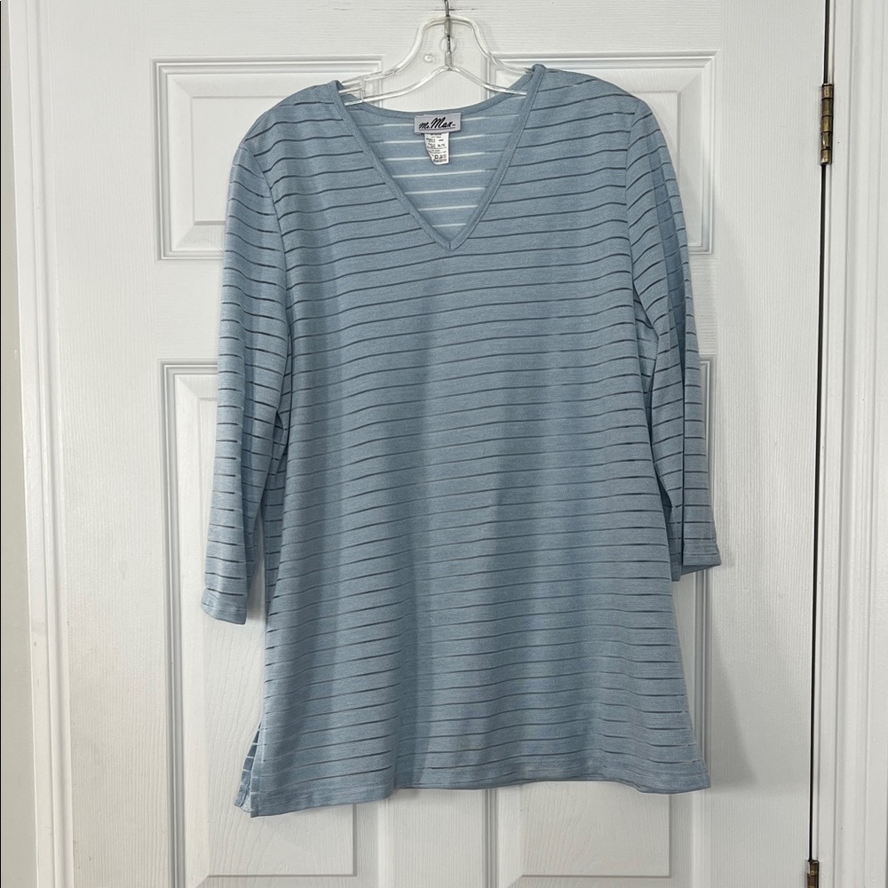 Mr.Max Light Blue V-Neck Long Sleeve Striped Top